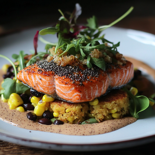 Smoked Sockeye Salmon with Black Bean & Corn Fritters, and Chia-Almond Citrus Dressing